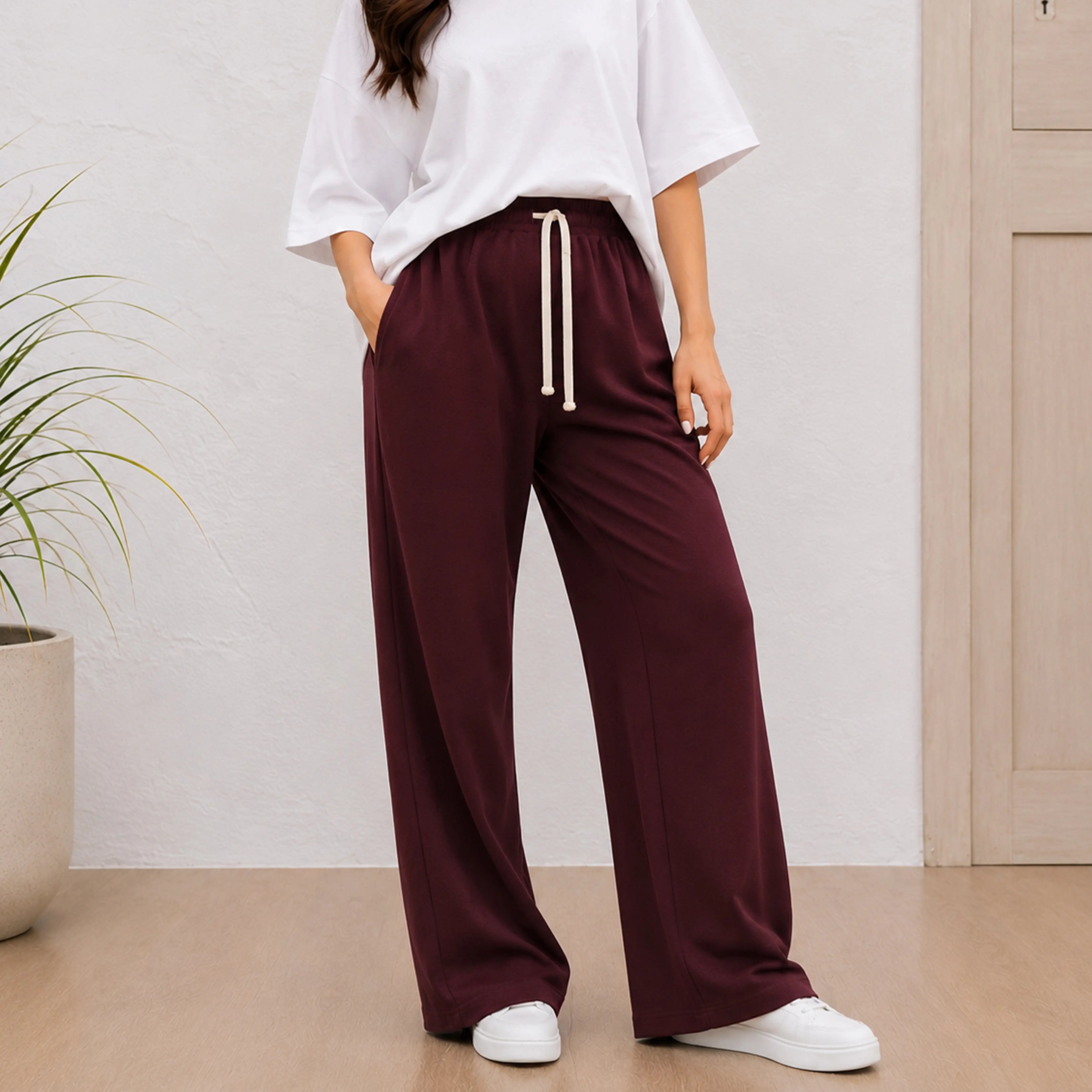 WOMEN INTERLOCK WIDE-LEG PANTS RICH BURGUNDY