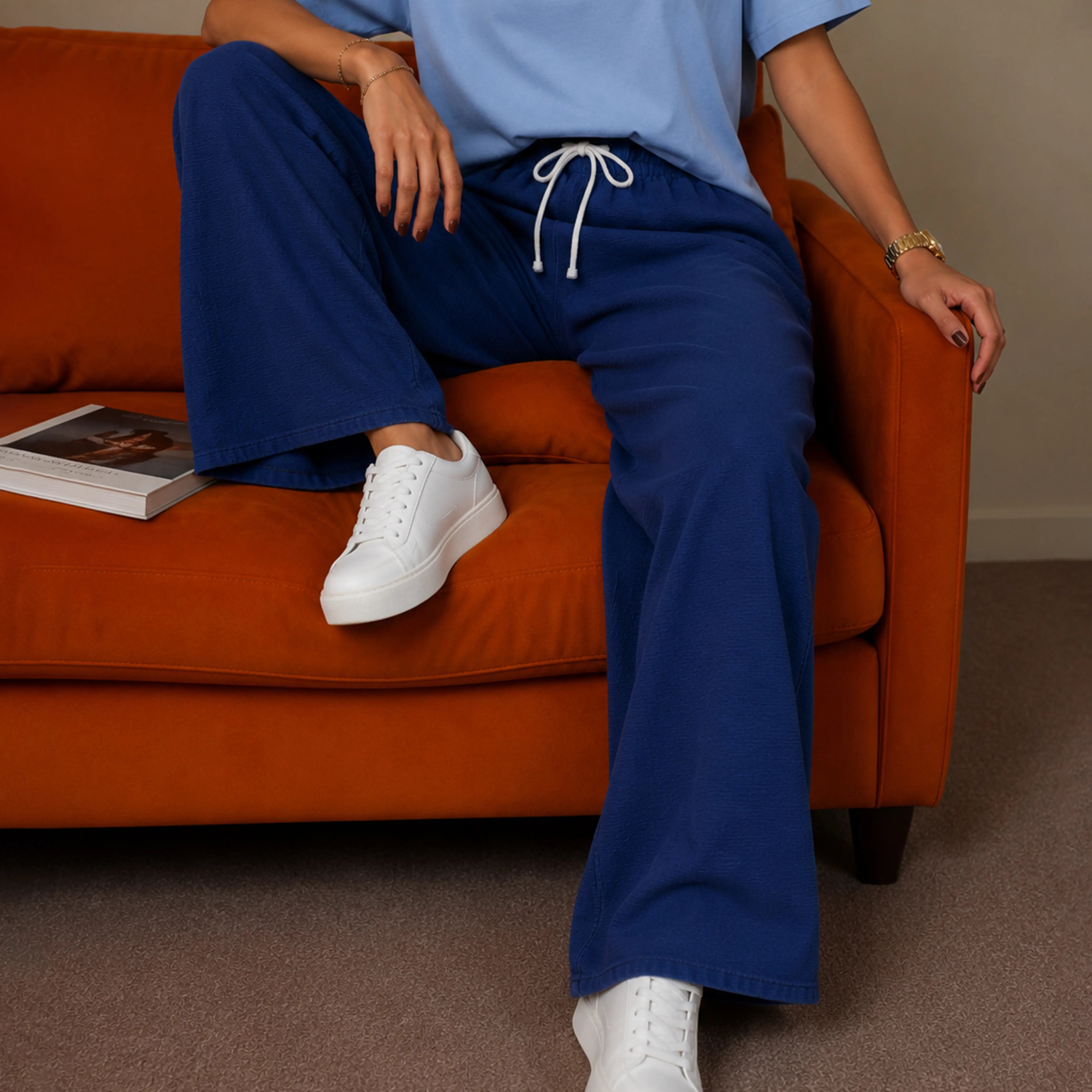 PRESTIGE JACQUARD WIDE-LEG PANTS – CLASSIC NAVY
