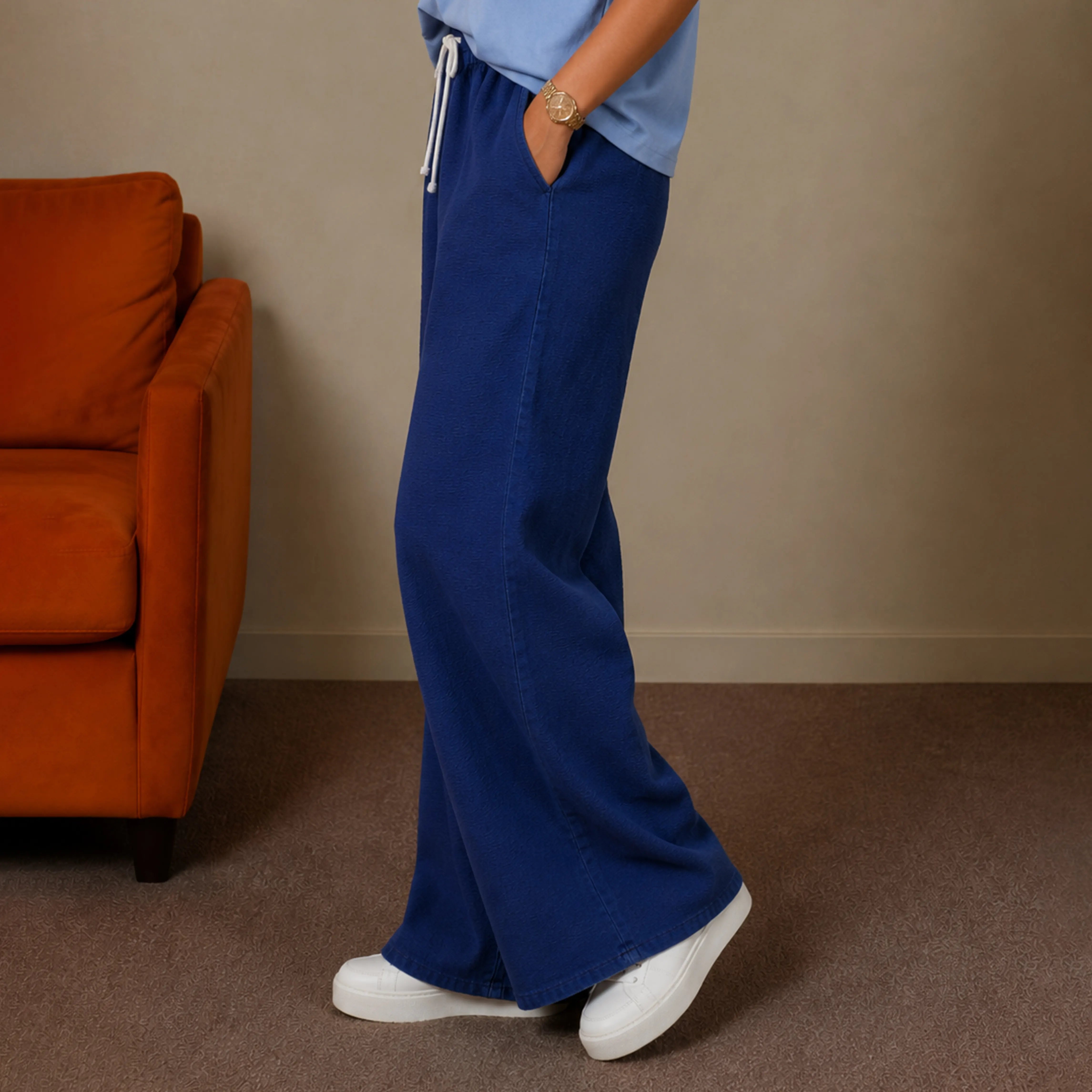 PRESTIGE JACQUARD WIDE-LEG PANTS – CLASSIC NAVY