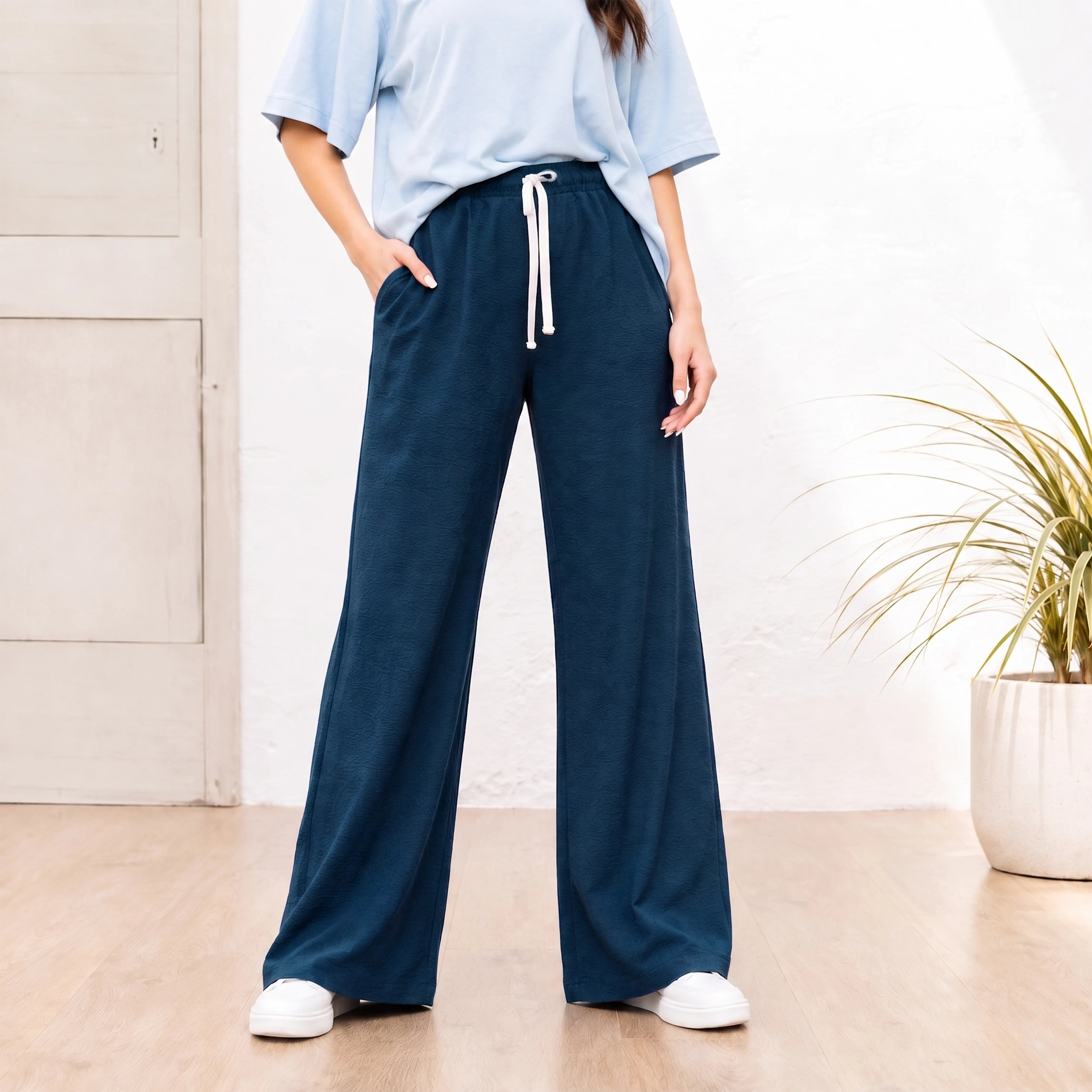 WOMEN JACQUARD WIDE-LEG PANTS CLASSIC NAVY