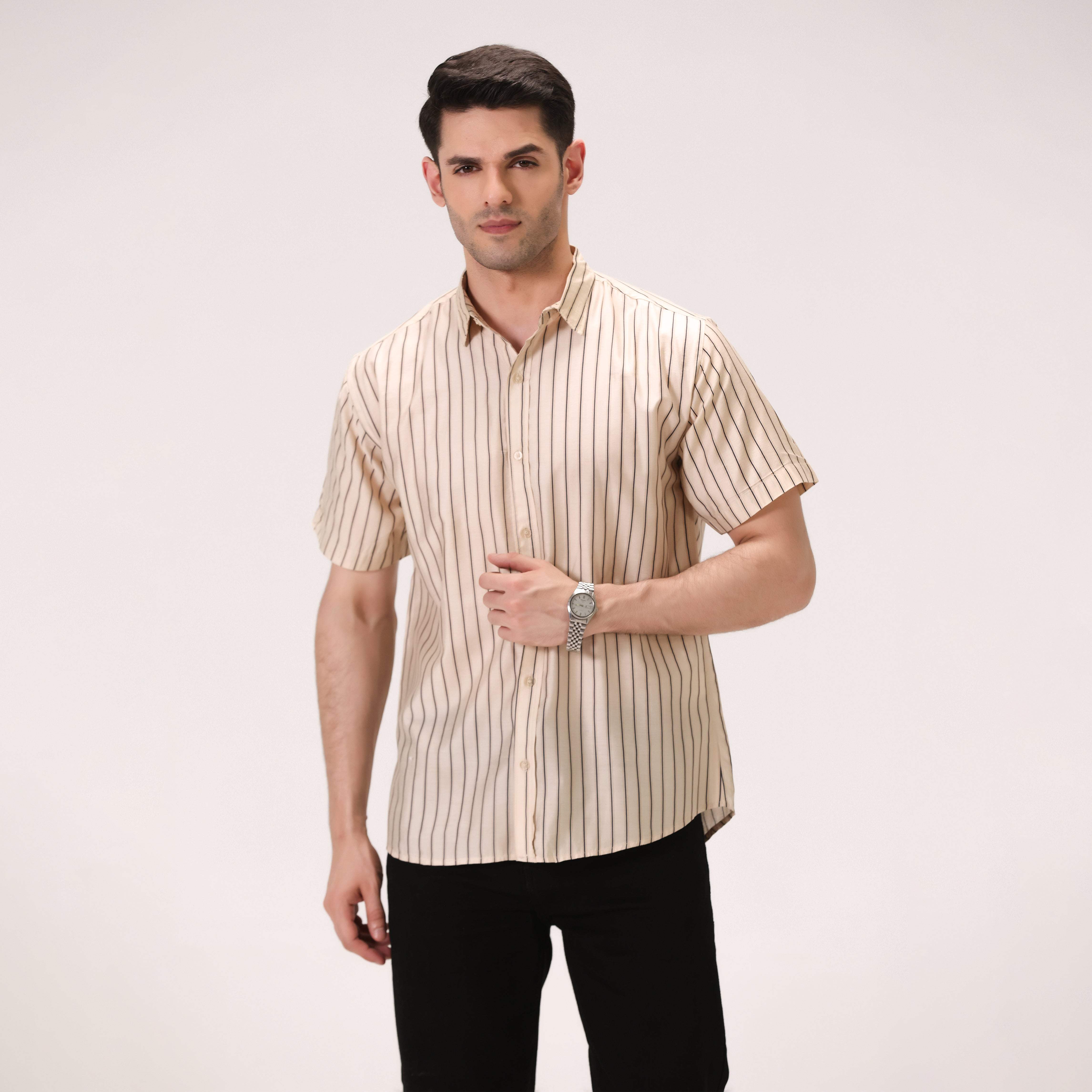 SOFT STRIPED BUTTON DOWN SHIRT – BEIGE