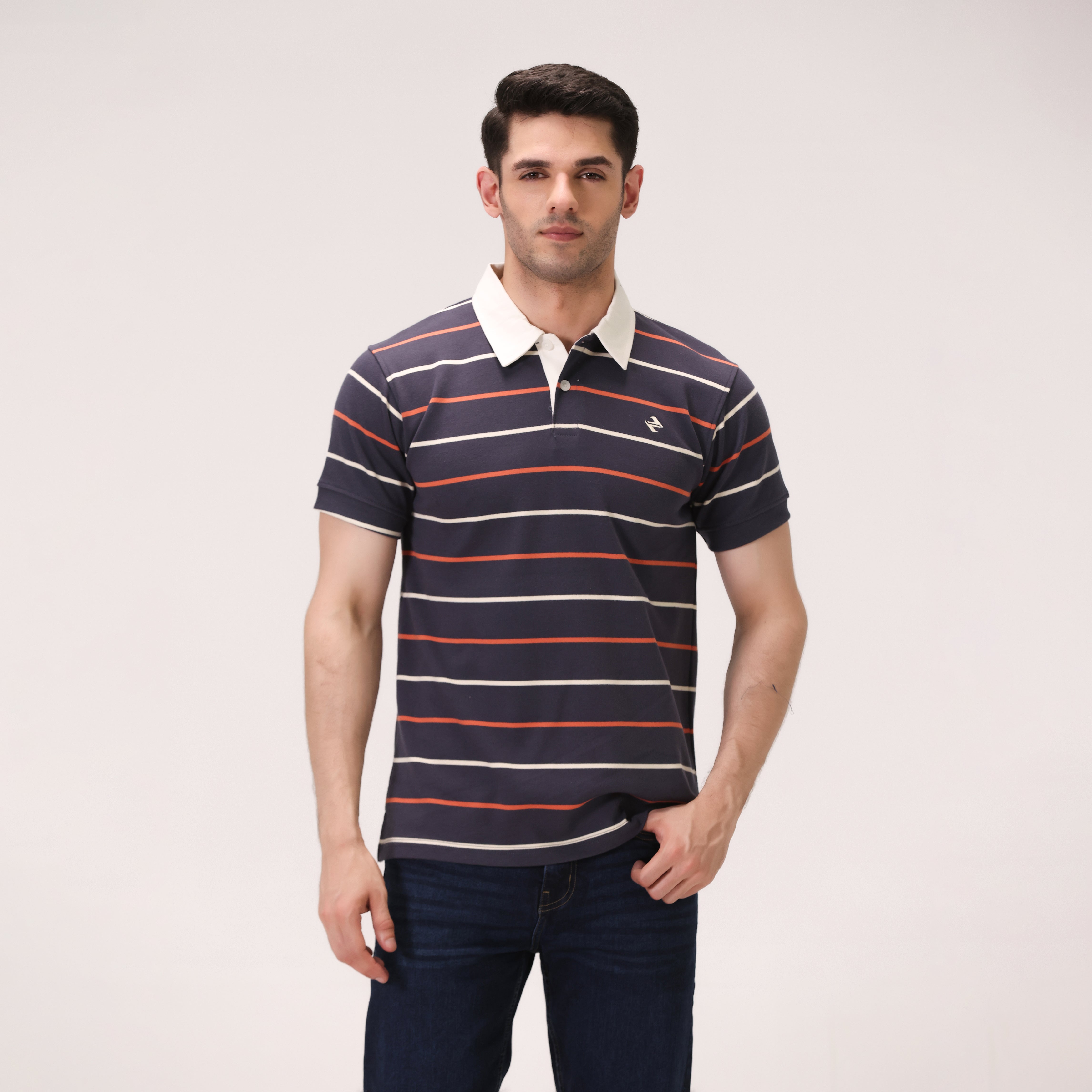 STRIPED INTERLOCK POLO – NAVY