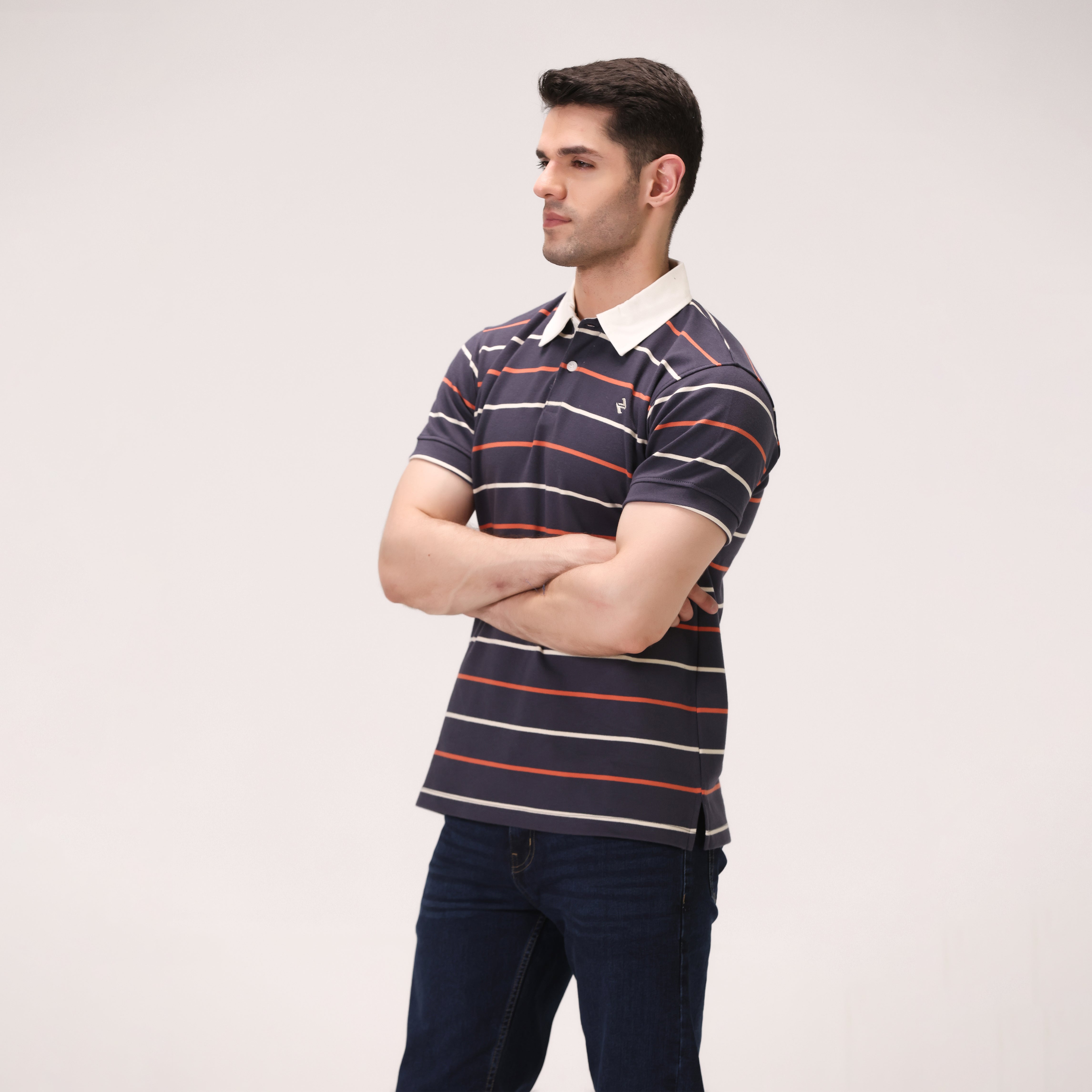 STRIPED INTERLOCK POLO – NAVY