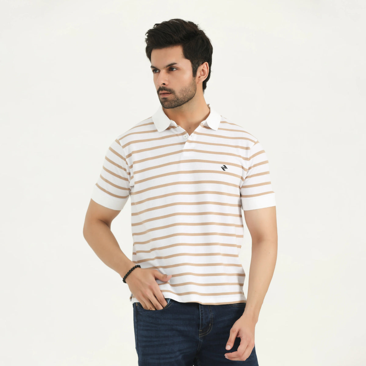 STRIPED PIQUÉ POLO SHIRT - WHITE AND TAN