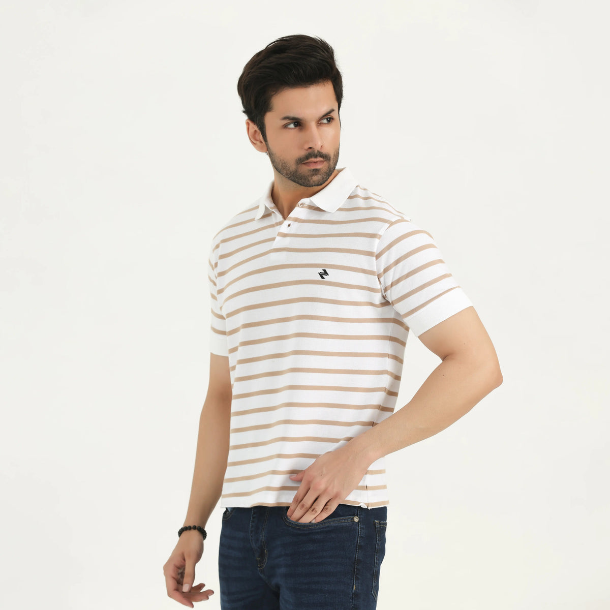 STRIPED PIQUÉ POLO SHIRT - WHITE AND TAN