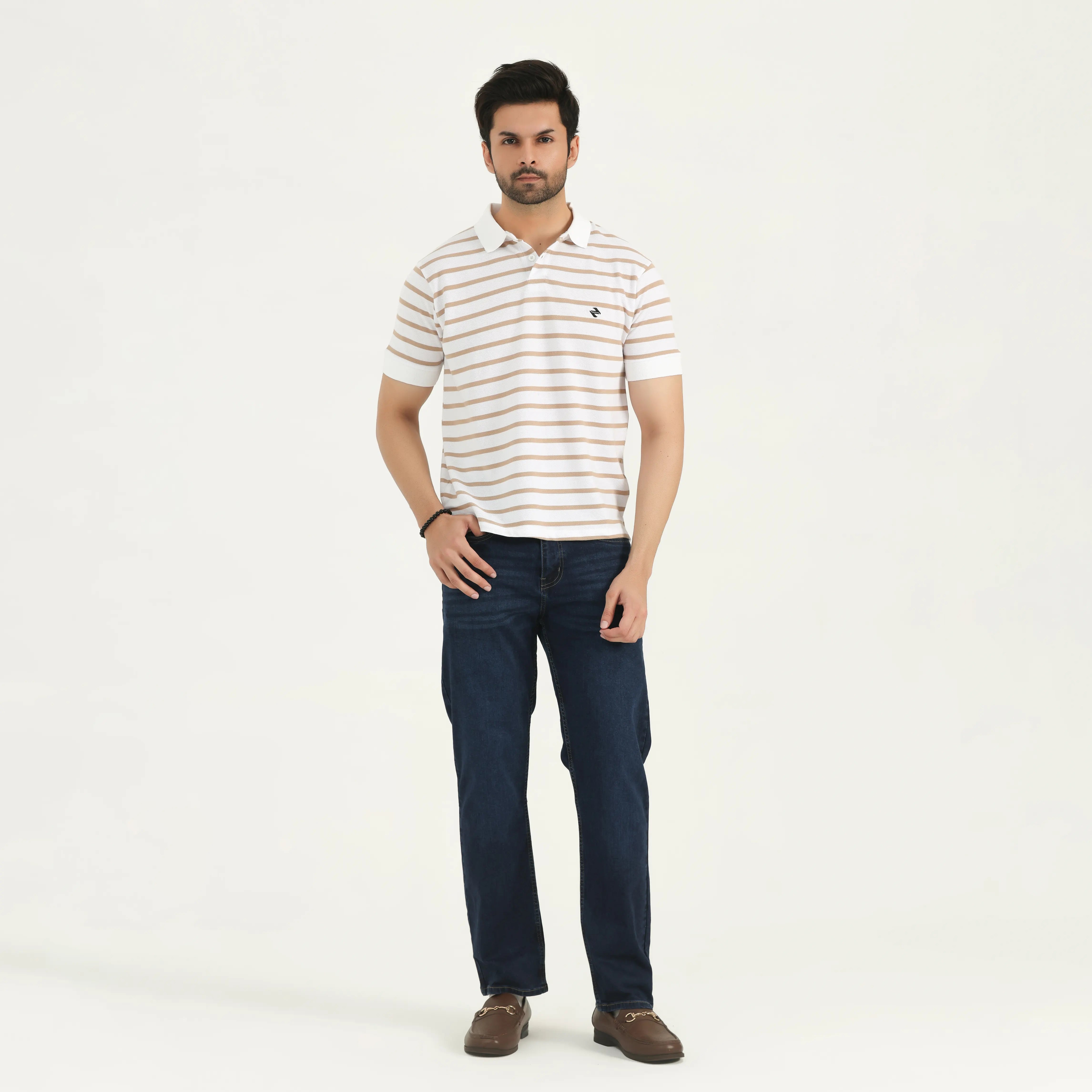 STRIPED PIQUÉ POLO SHIRT - WHITE AND TAN