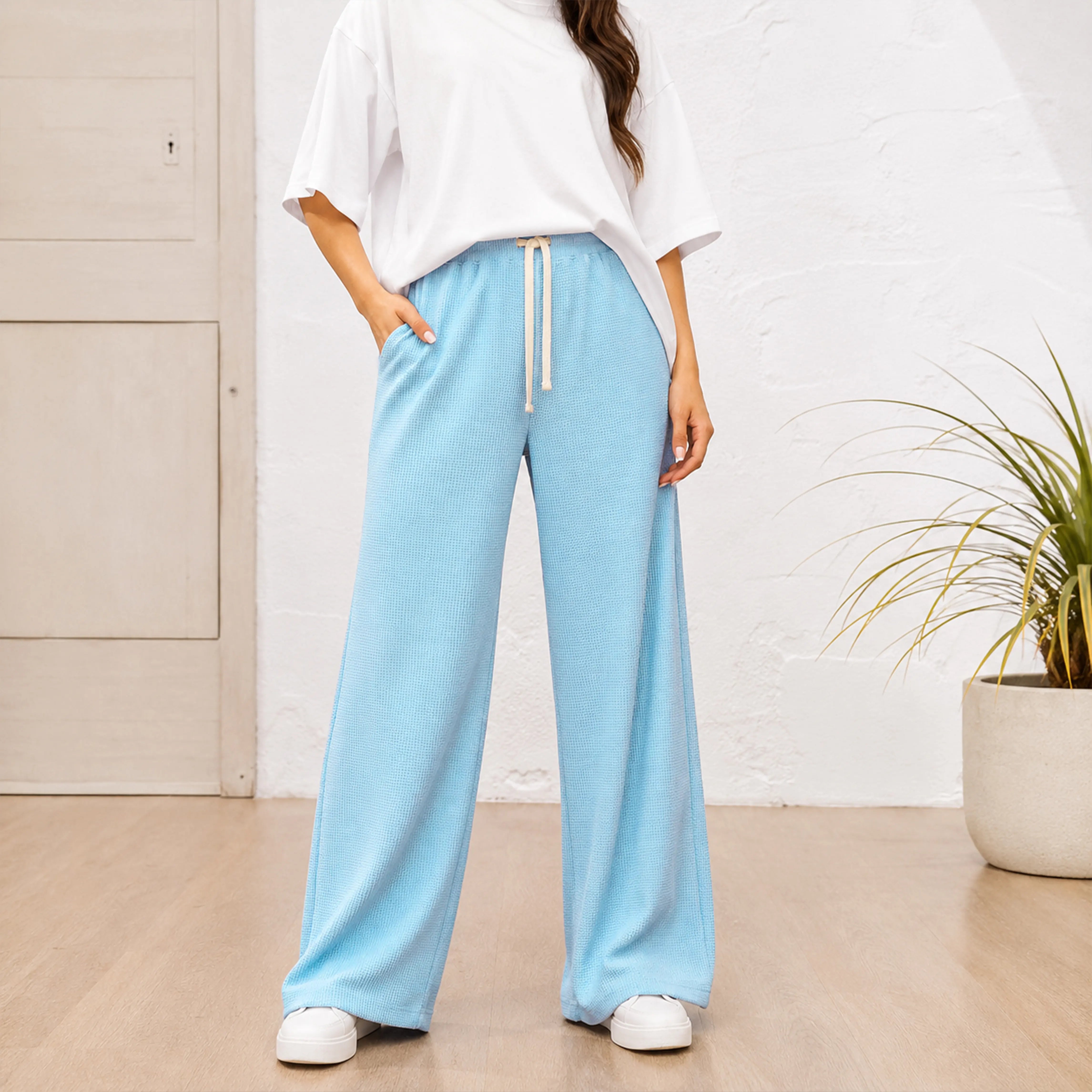 WOMEN WAFFLE KNIT JOGGER STEEL BLUE