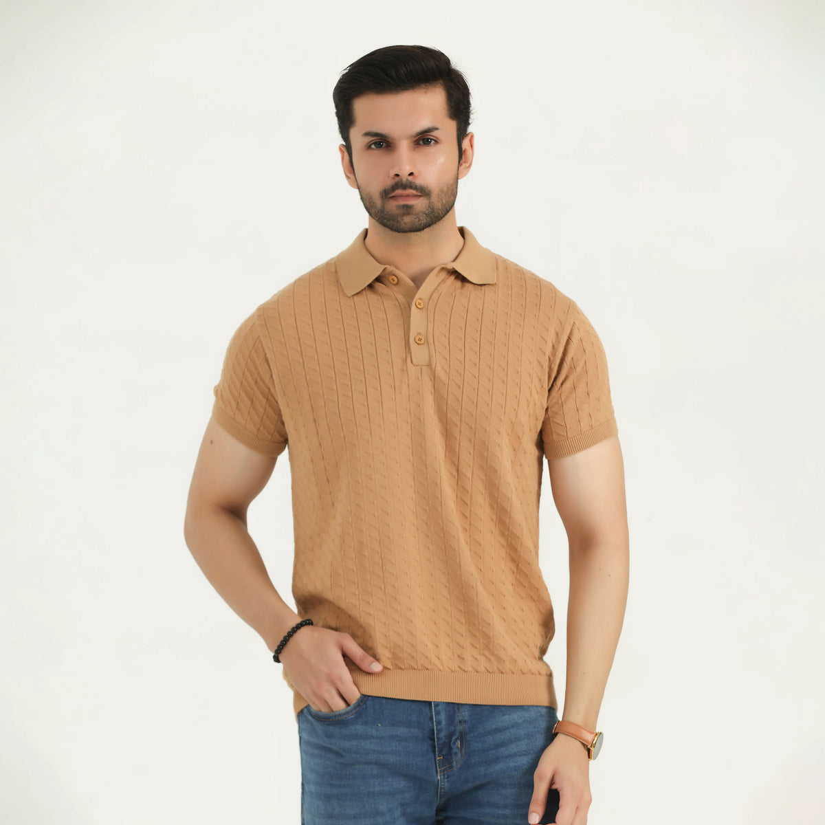 TEXTURED KNIT POLO SHIRT - CAMEL