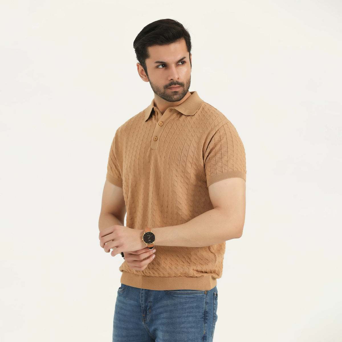 TEXTURED KNIT POLO SHIRT - CAMEL