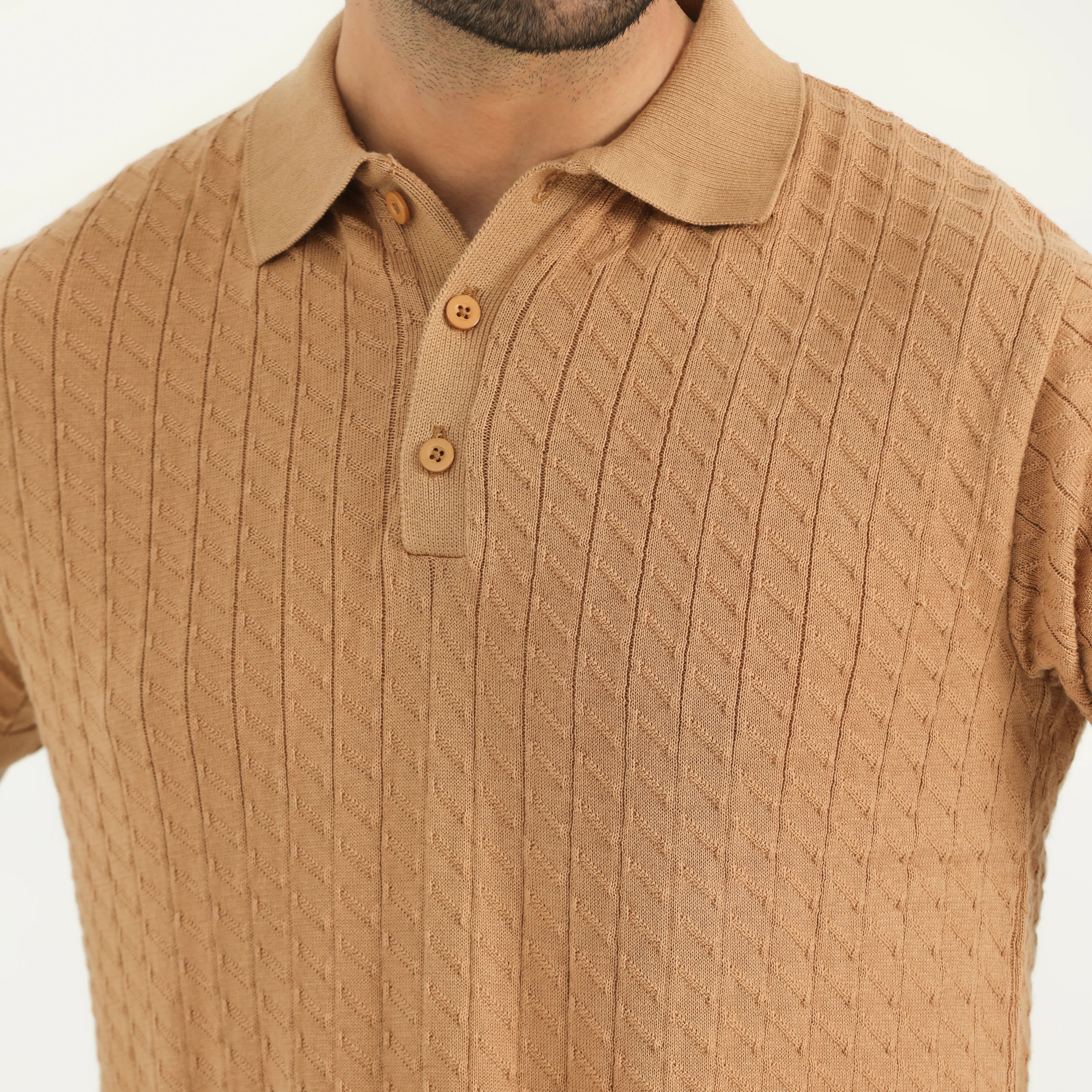 TEXTURED KNIT POLO SHIRT - CAMEL