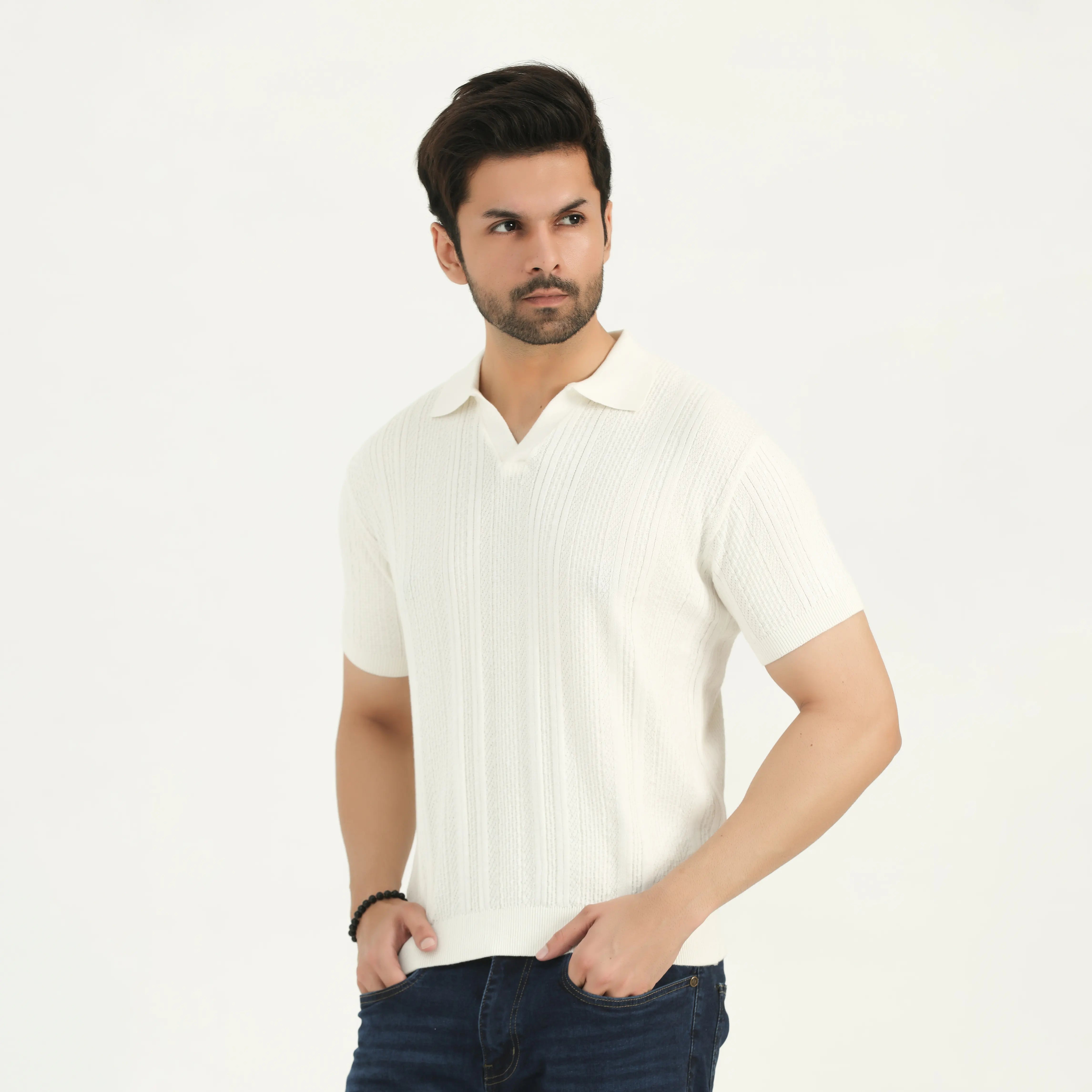 TEXTURED KNITTED POLO SHIRT - OFF-WHITE