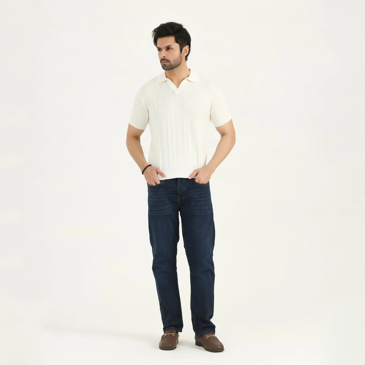 TEXTURED KNITTED POLO SHIRT - OFF-WHITE