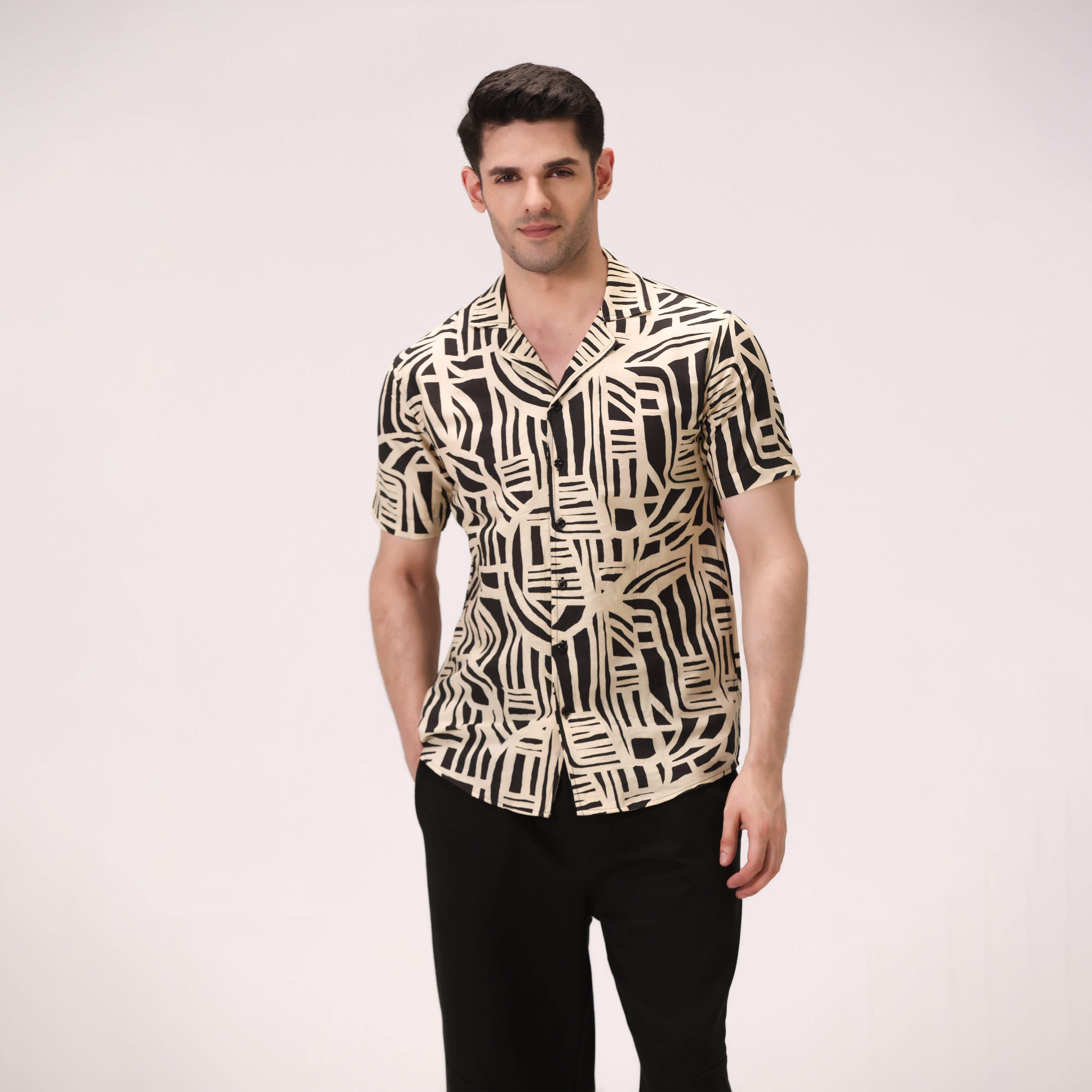 URBAN PRINTED BUTTON DOWN SHIRT – BEIGE
