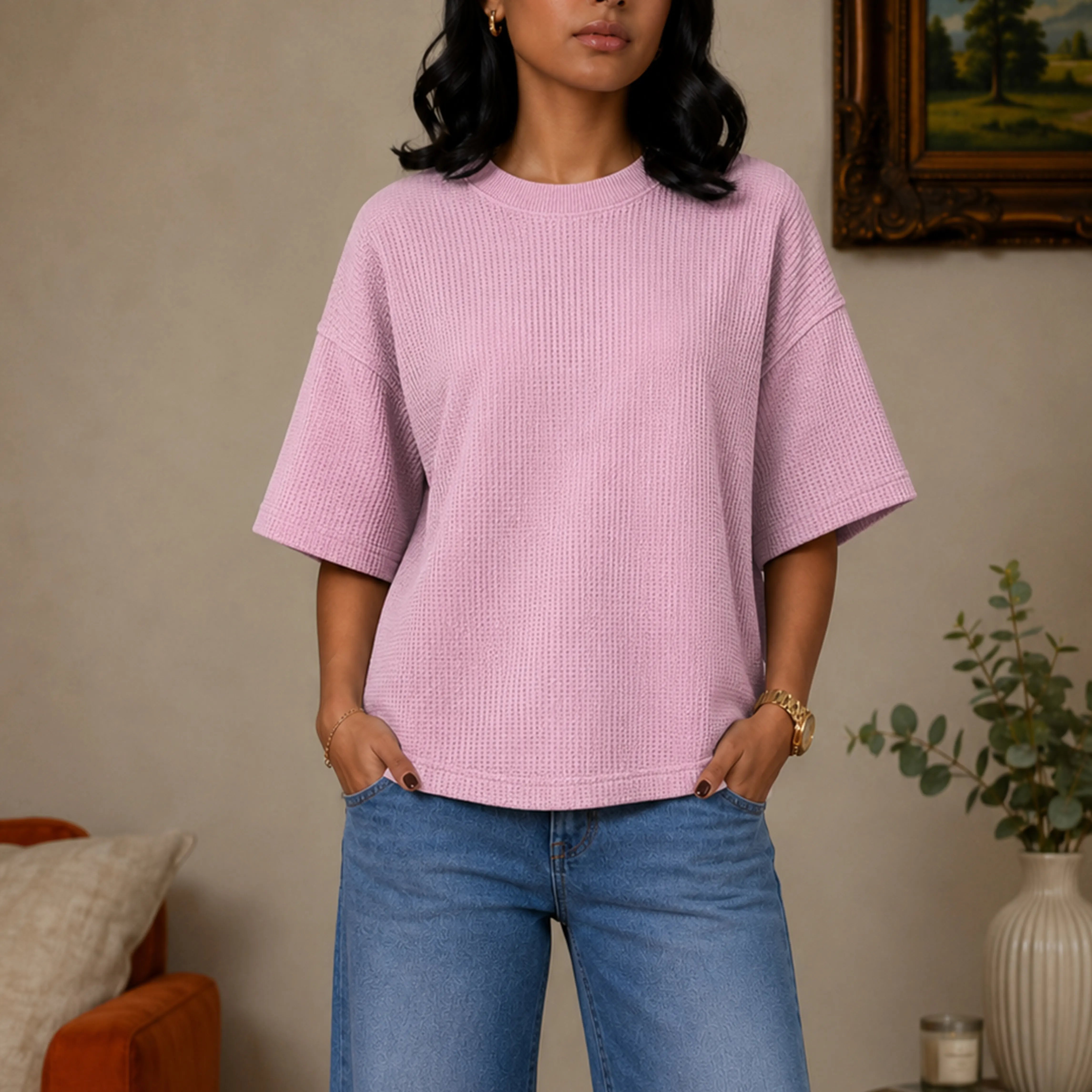 WAFFLE KNIT OVERSIZED TOP - SOFT LILAC