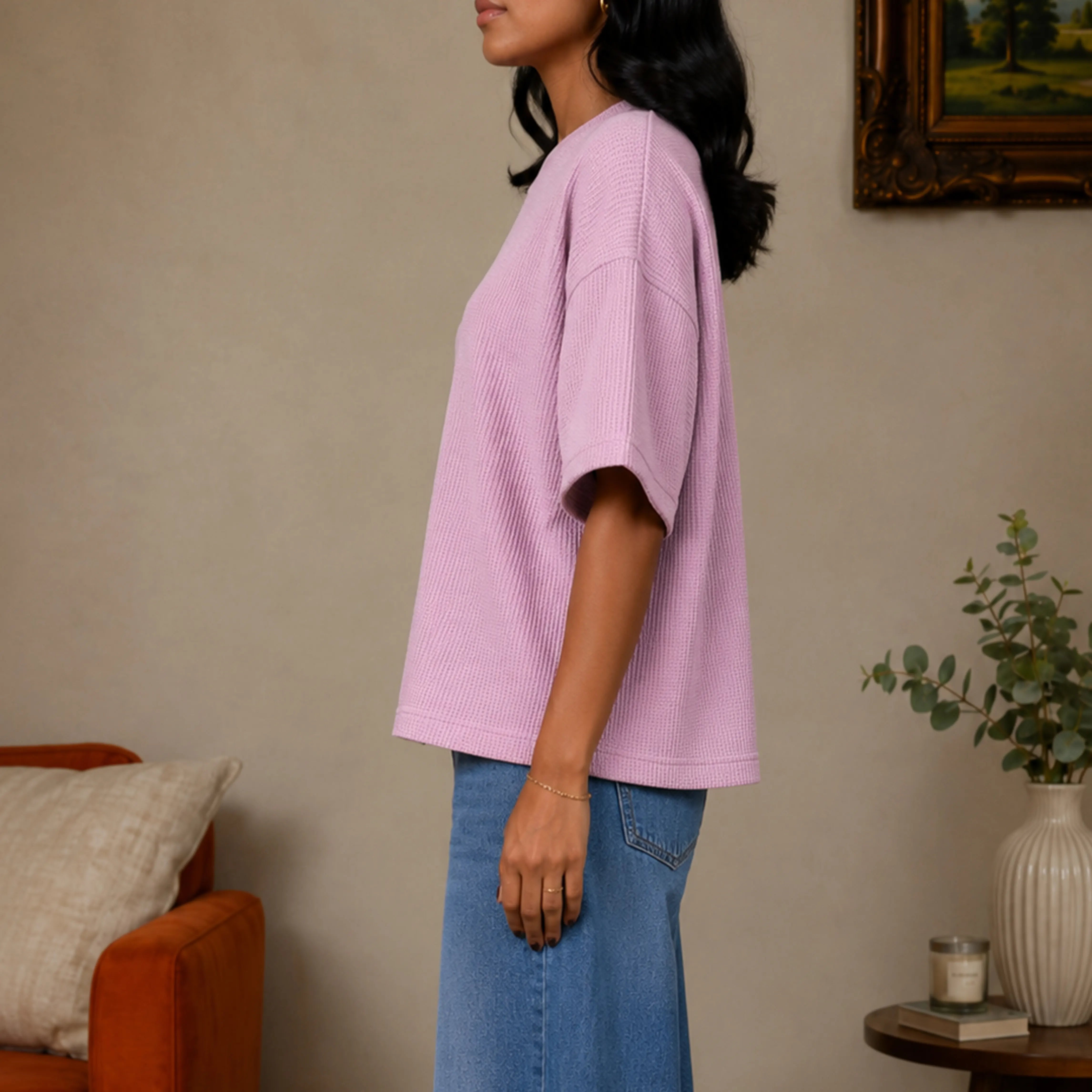 WAFFLE KNIT OVERSIZED TOP - SOFT LILAC