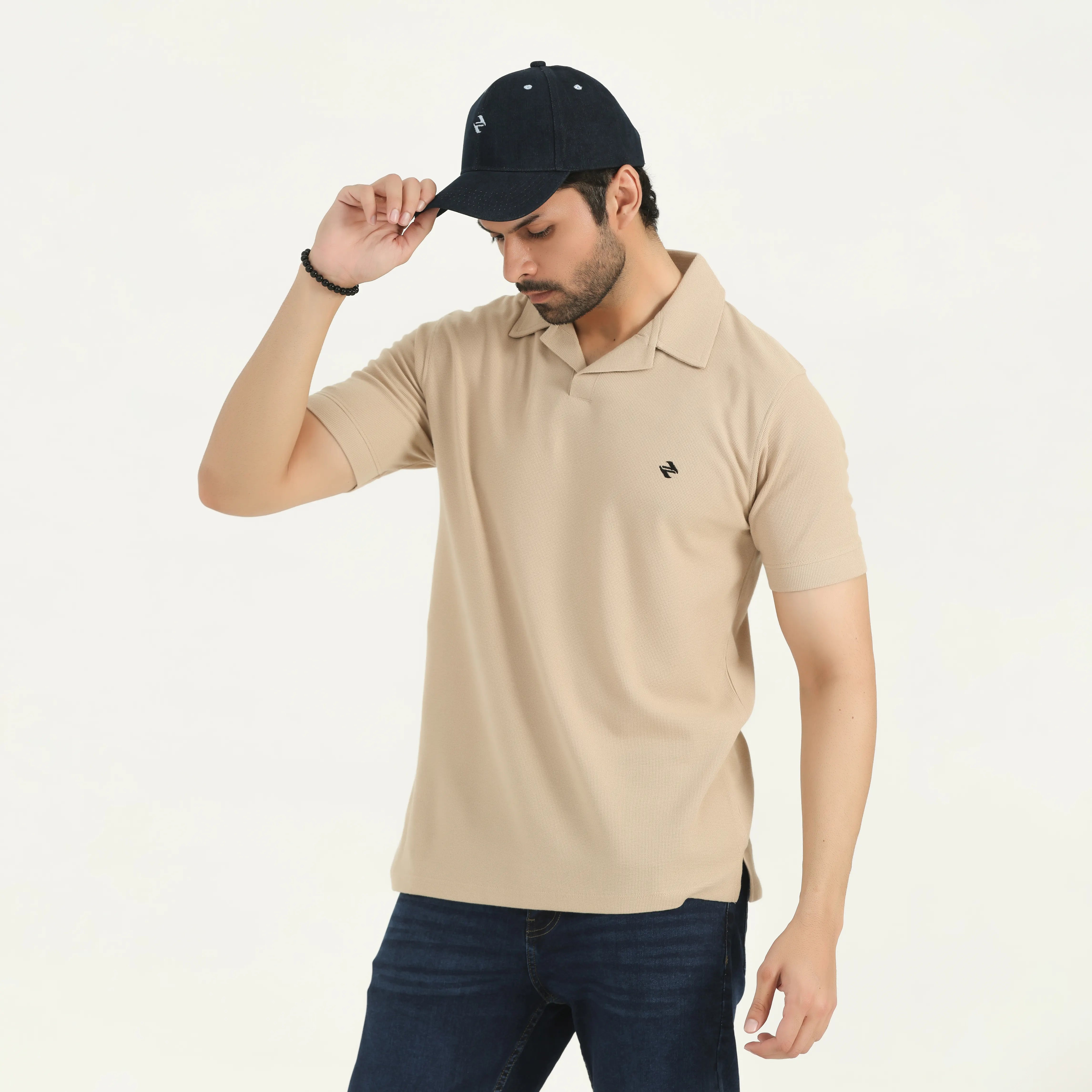 WAFFLE KNIT POLO SHIRT - BEIGE