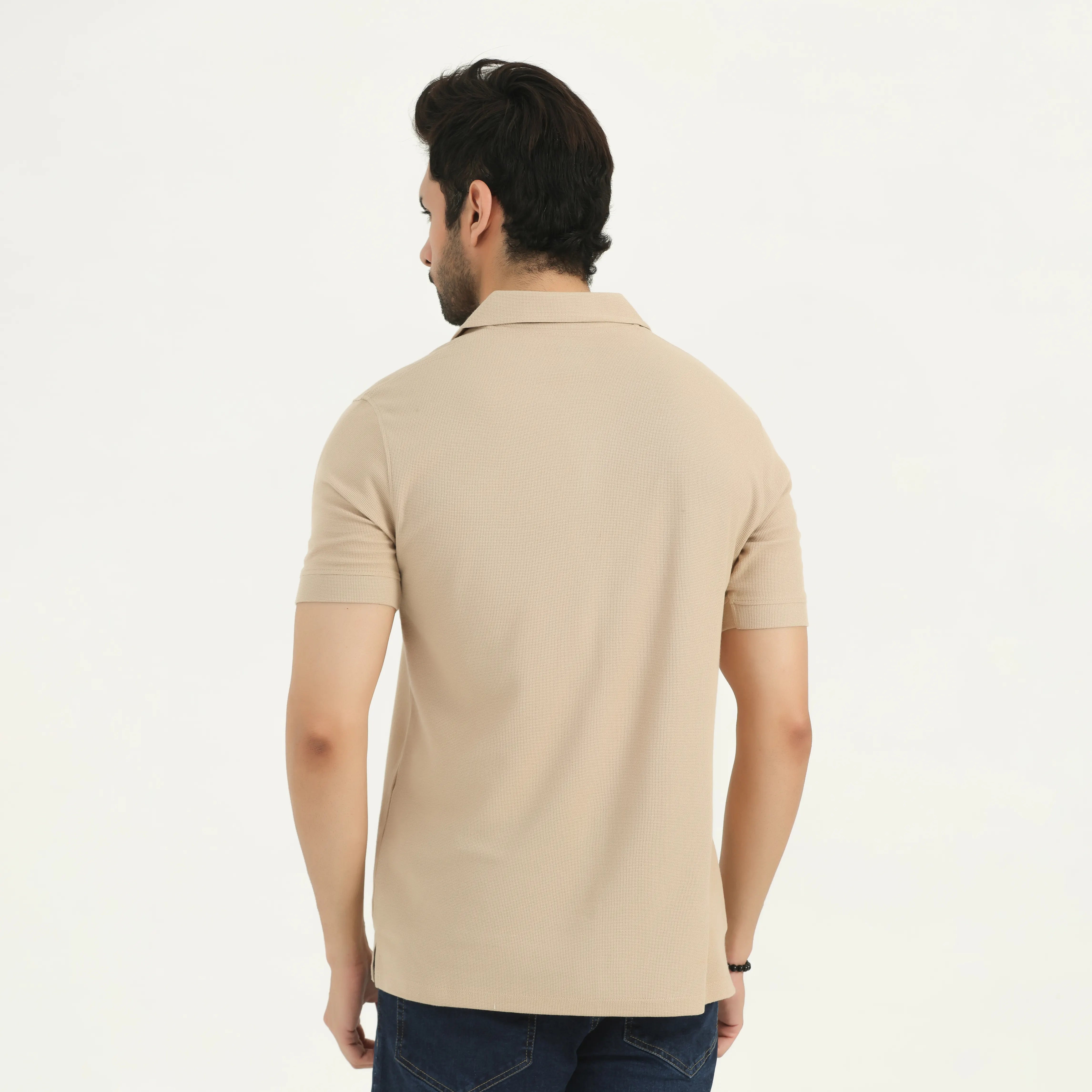 WAFFLE KNIT POLO SHIRT - BEIGE