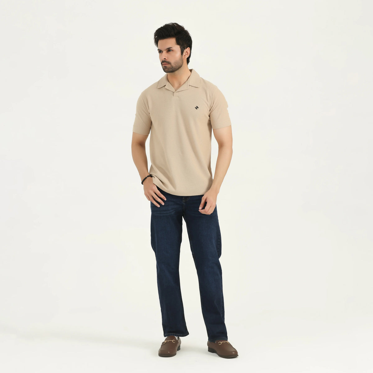 WAFFLE KNIT POLO SHIRT - BEIGE