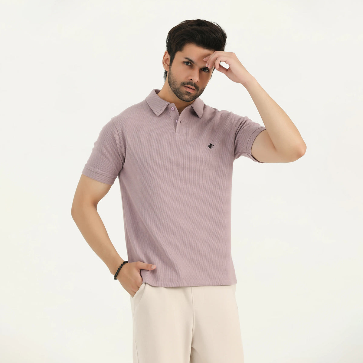 WAFFLE KNIT POLO SHIRT - MAUVE