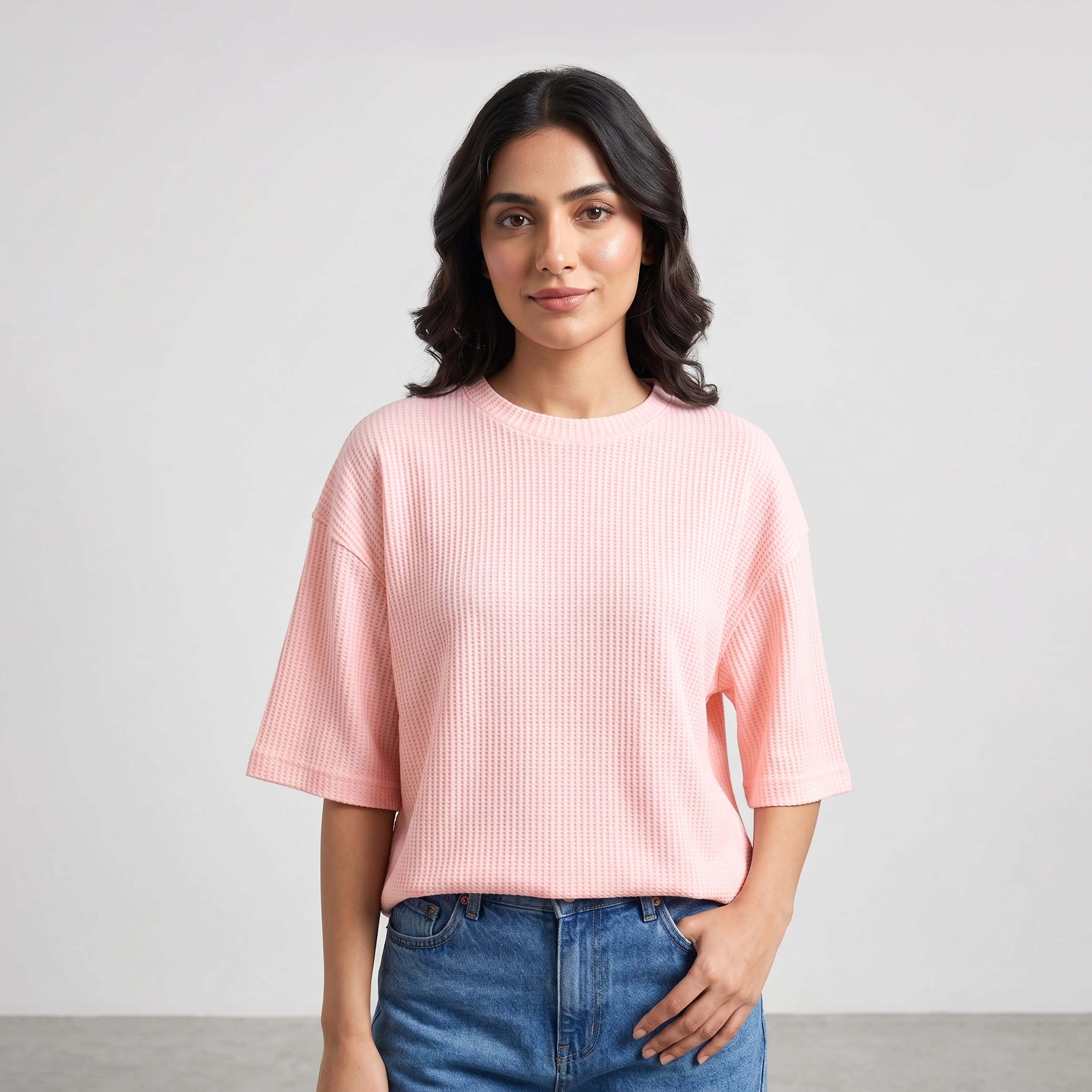 WOMEN WAFFLE KNIT TOP SOFT LILAC