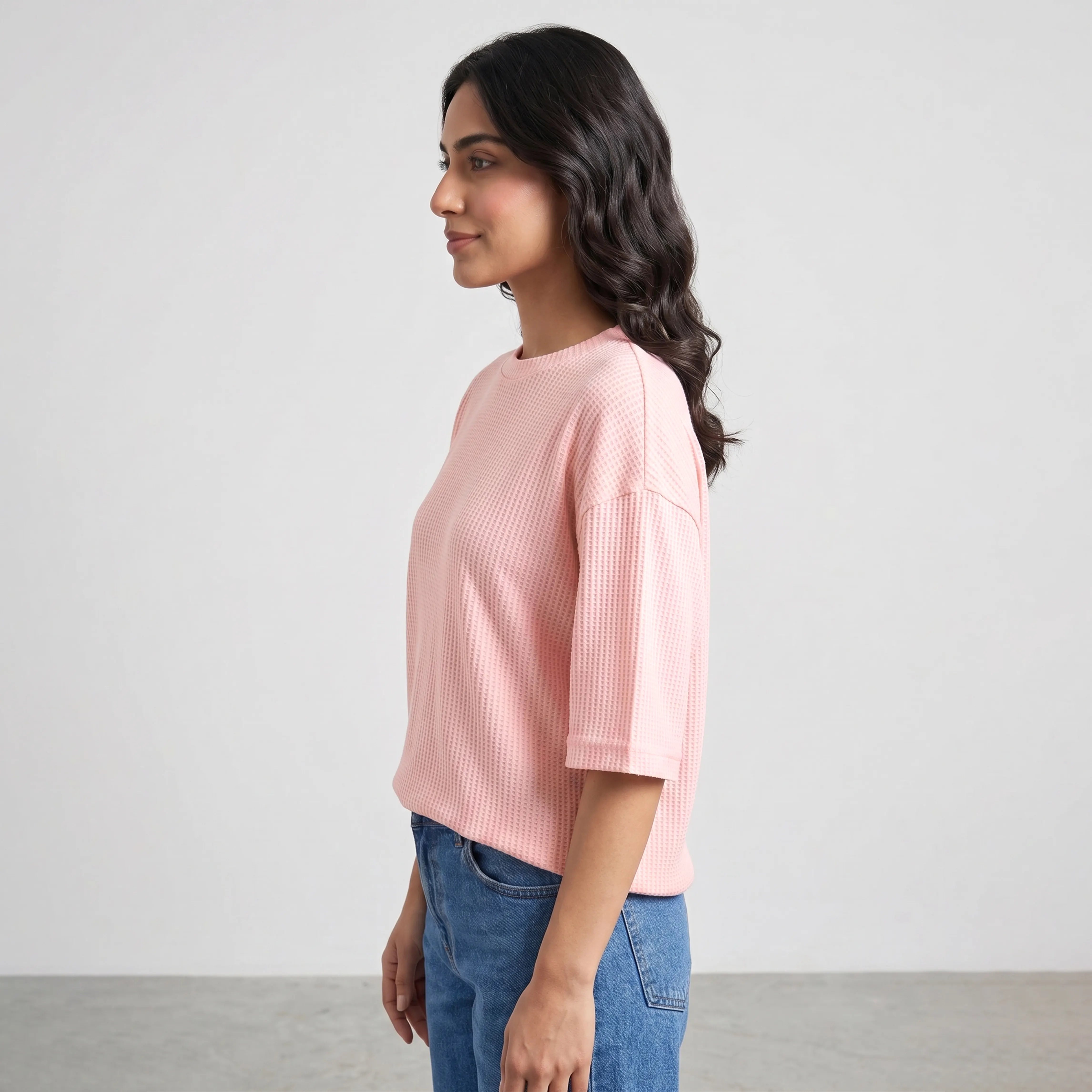 WOMEN WAFFLE KNIT TOP SOFT LILAC