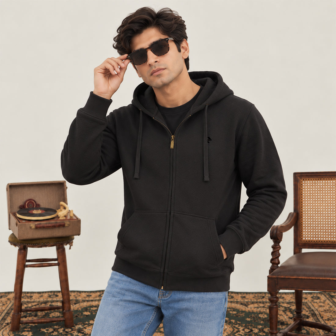 MEN ZIPPER HOODIE BLACK NAVZA