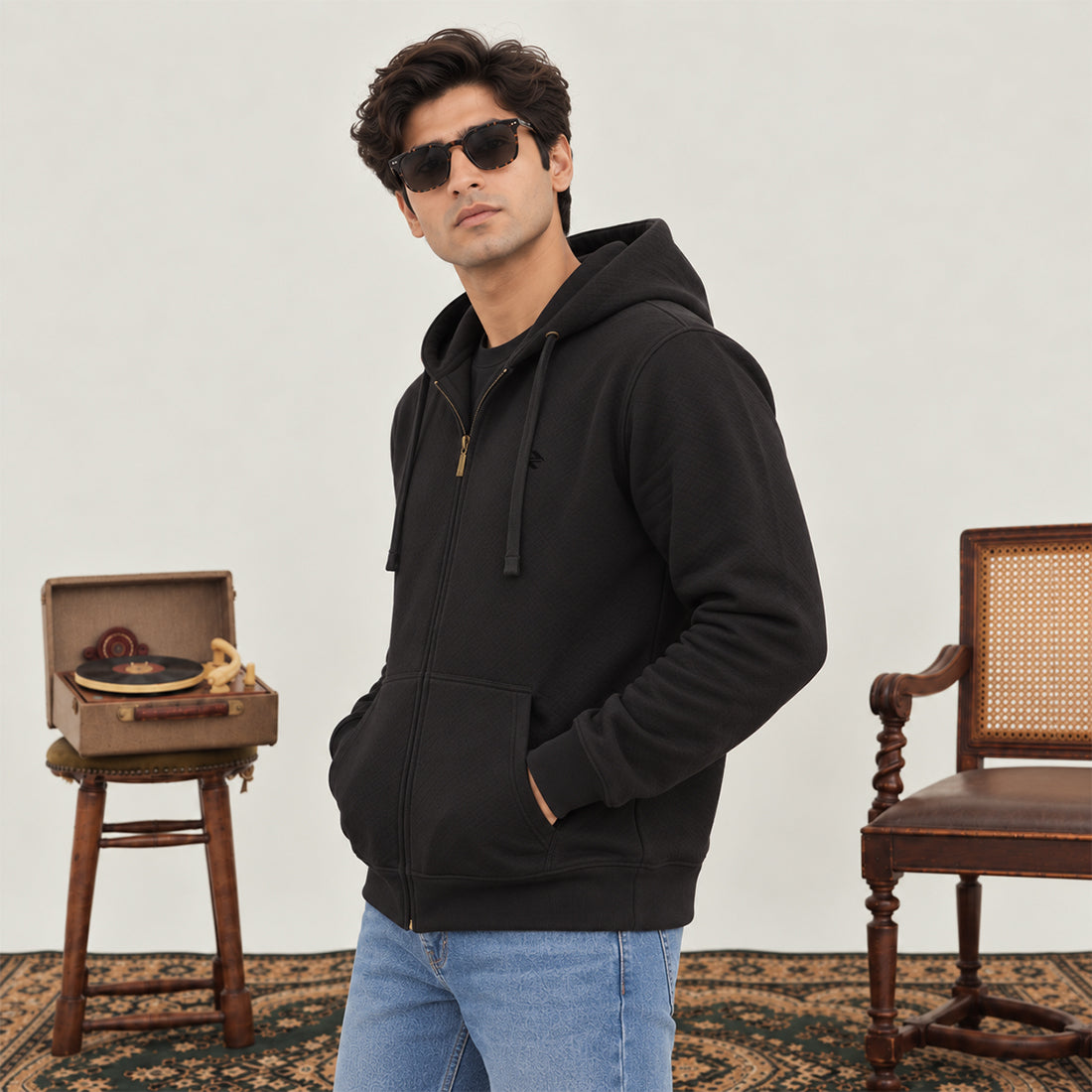 MEN ZIPPER HOODIE BLACK NAVZA