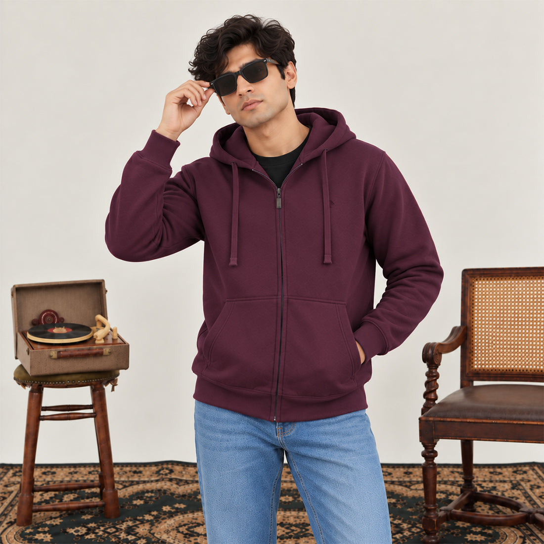 MEN ZIPPER HOODIE BURGUNDY NAVZA