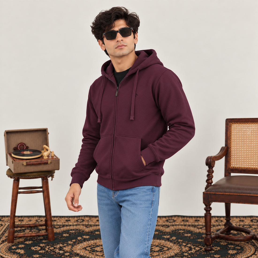 MEN ZIPPER HOODIE BURGUNDY NAVZA