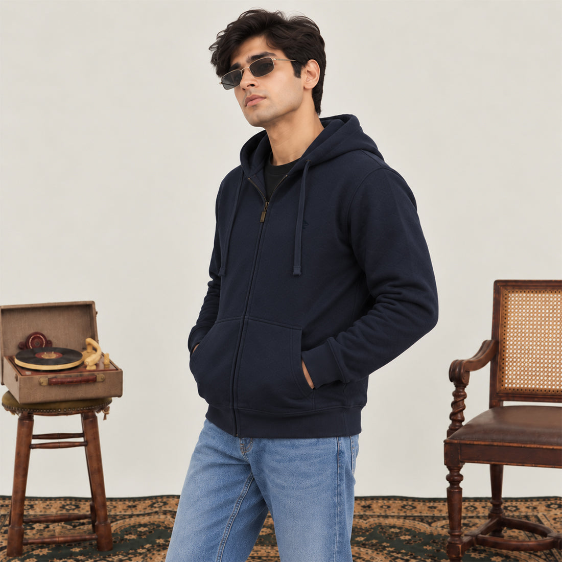 WINTER MEN ML ZIPPER HOODIE - NAVY