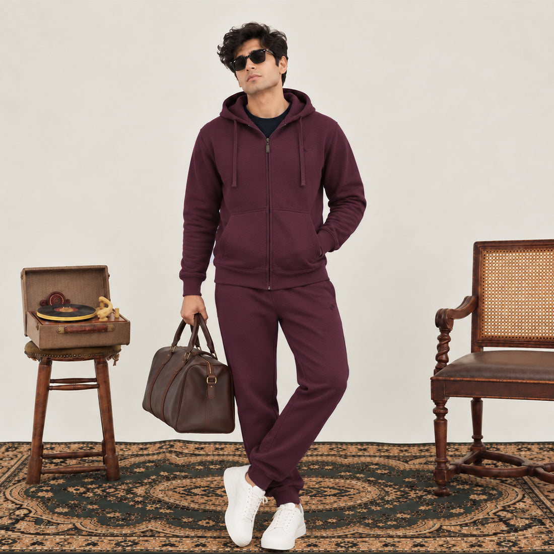 MEN ZIPPER HOODIE TRACKER BURGUNDY NAVZA