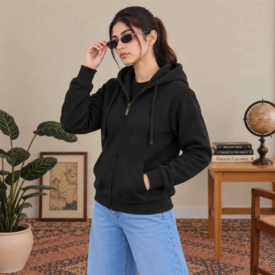WOMEN ZIPPER HOODIE BLACK NAVZA