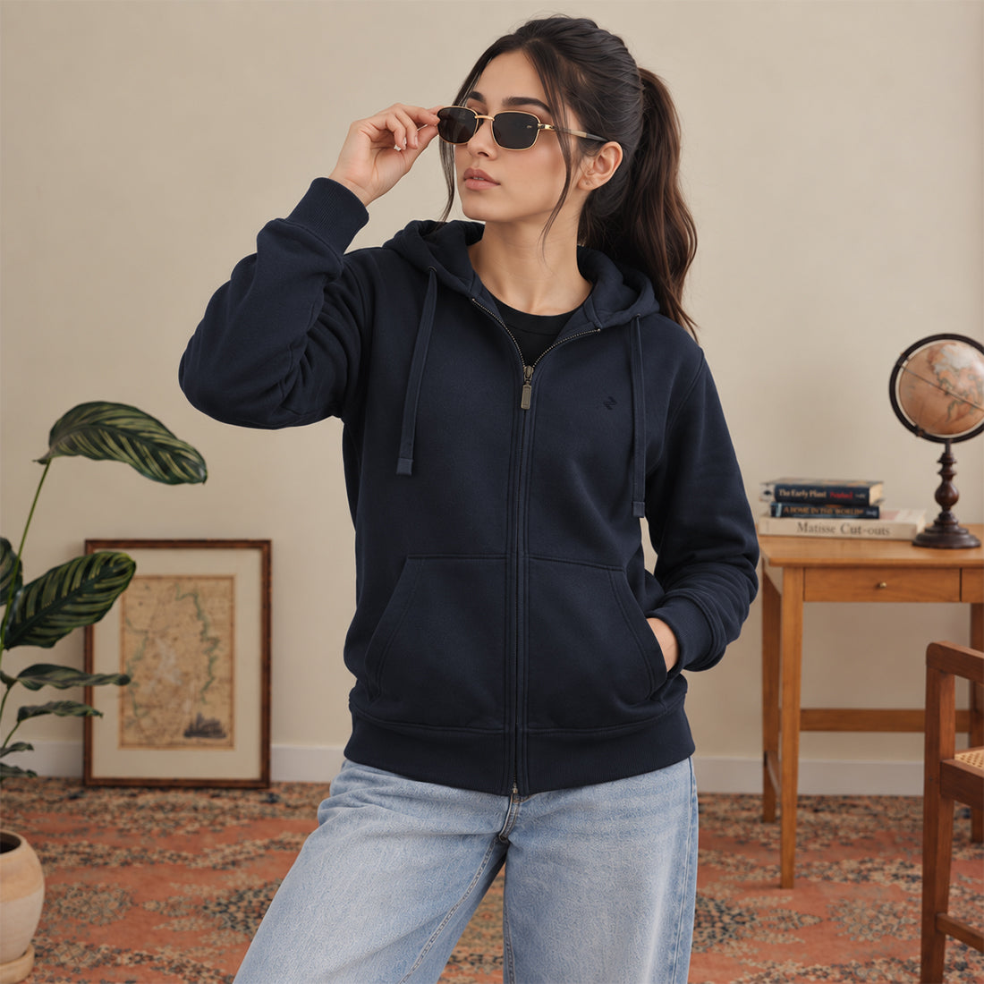 WOMEN ML ZIPPER HOODIE NAVY NAVZA