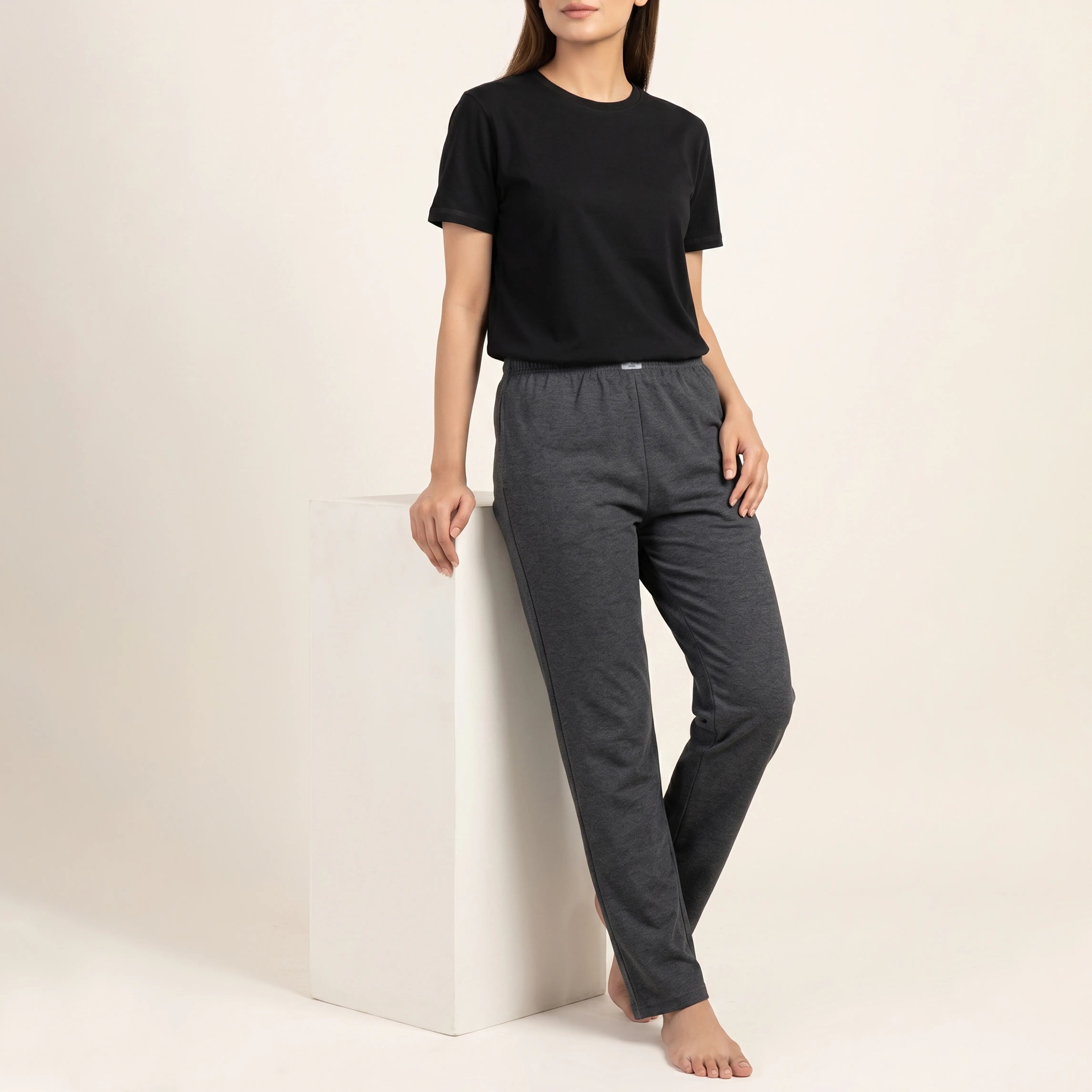 WOMEN PACK OF BLACK UNDERTEE & CHARCOAL JERSEY TROUSER